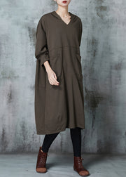 Plus Size Army Green Hooded Pockets Cotton Dress Spring