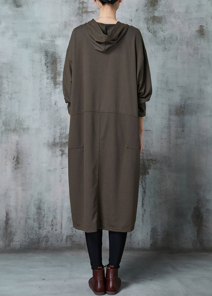 Plus Size Army Green Hooded Pockets Cotton Dress Spring