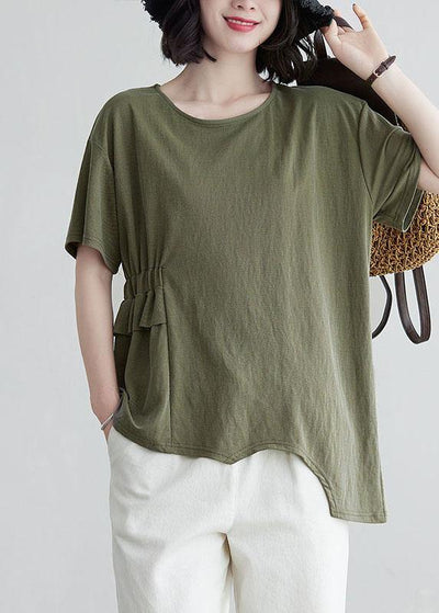 Plus Size Army Green O-Neck Half Sleeve Cotton Tee Summer - SooLinen