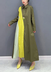 Plus Size Army Green Peter Pan Collar Patchwork Cotton Maxi Dresses Spring