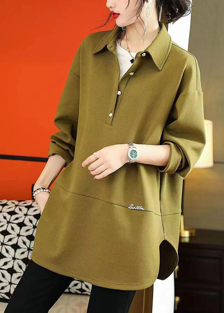 Plus Size Army Green Peter Pan Collar Patchwork Cotton Shirts Fall