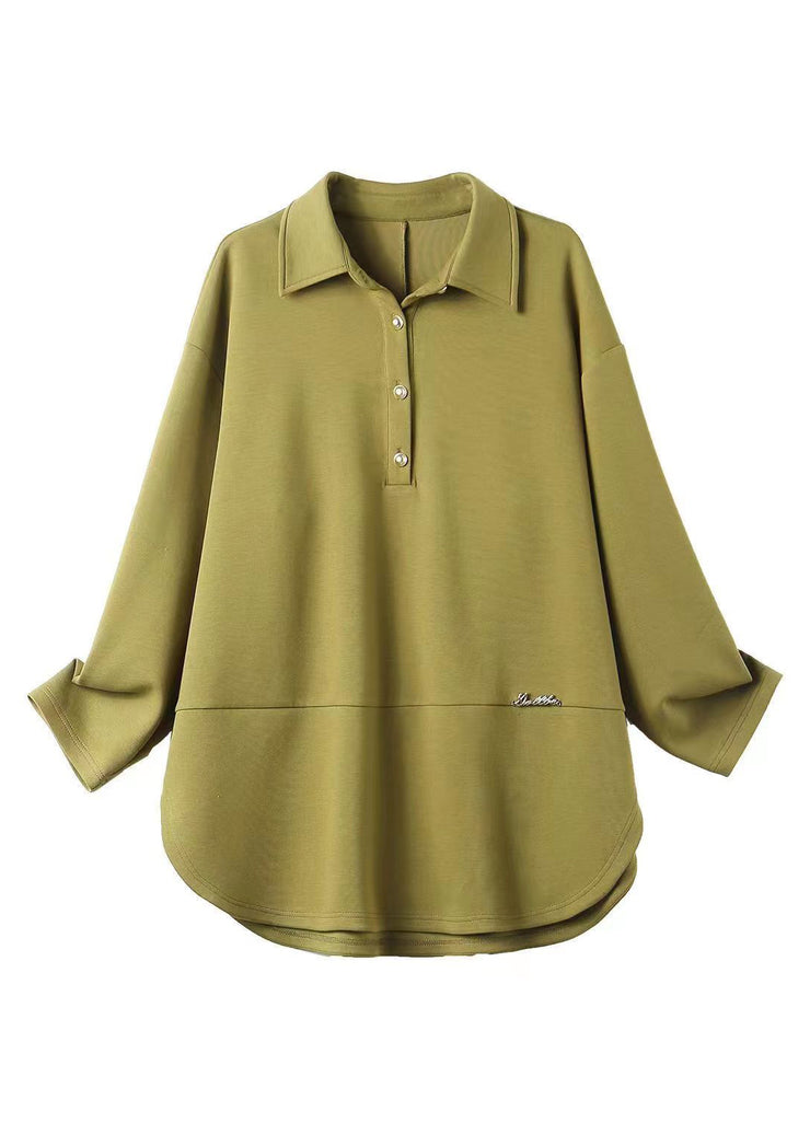 Plus Size Army Green Peter Pan Collar Patchwork Cotton Shirts Fall