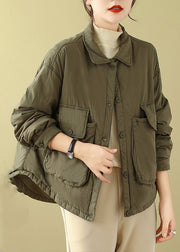 Plus Size Army Green Peter Pan Collar Pockets Fine Cotton Filled Jacket Winter