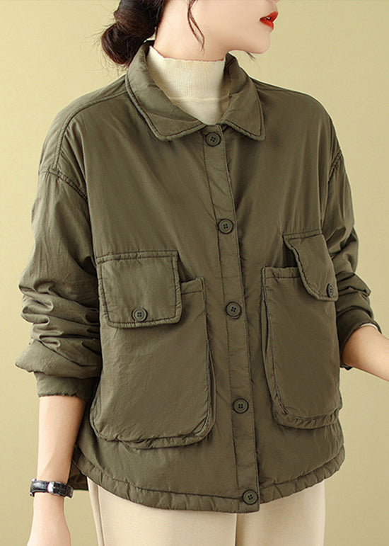Plus Size Army Green Peter Pan Collar Pockets Fine Cotton Filled Jacket Winter