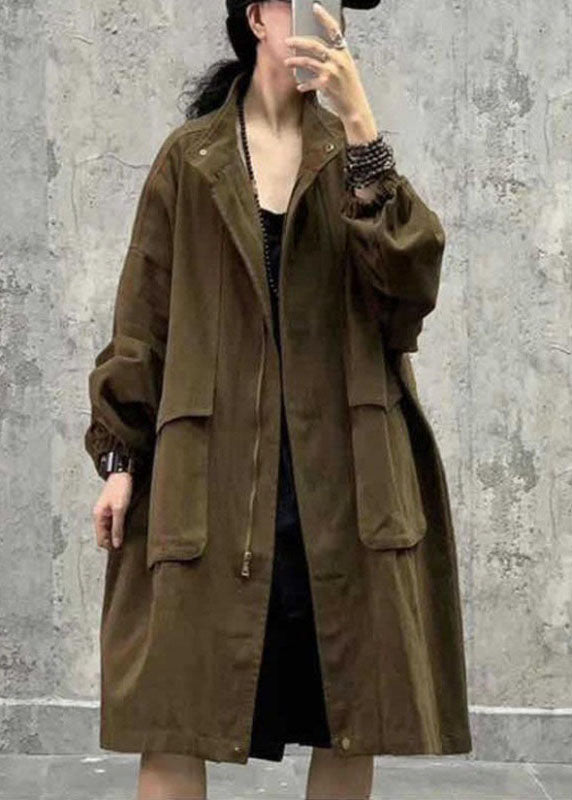 Plus Size Army Green Stand Collar Zippered Pockets Fall Long sleeve Trench Coat