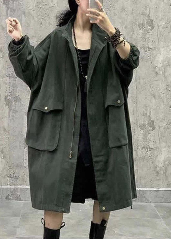 Plus Size Army Green Stand Collar Zippered Pockets Fall Long sleeve Trench Coat