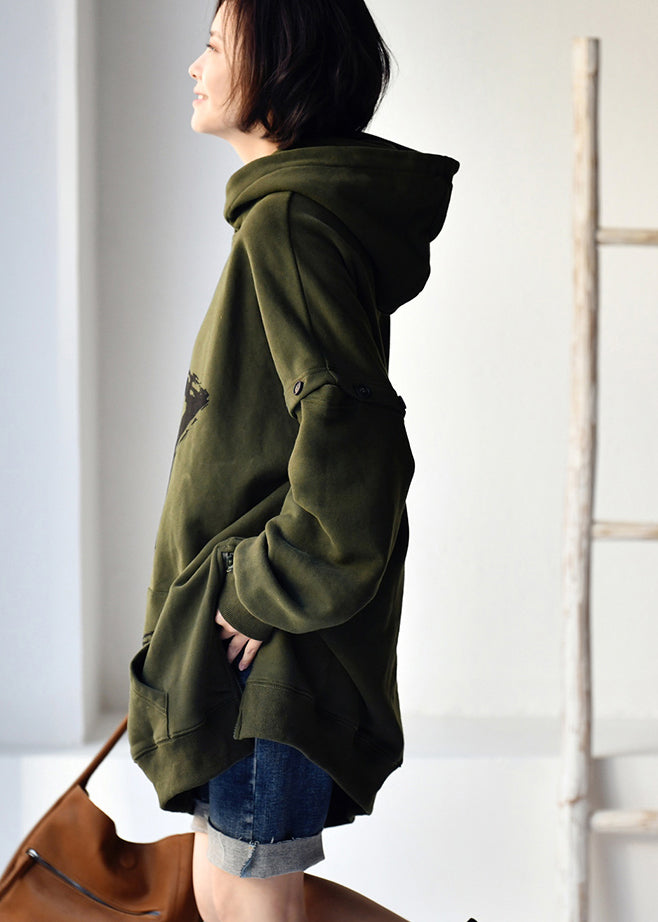 Plus Size Army Green Zippered Print Warm Fleece Hooded Sweatshirts Fall