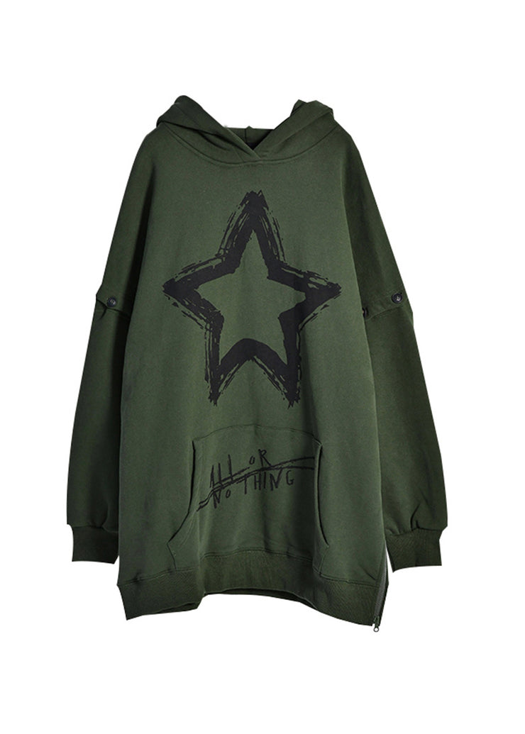 Plus Size Army Green Zippered Print Warm Fleece Hooded Sweatshirts Fall