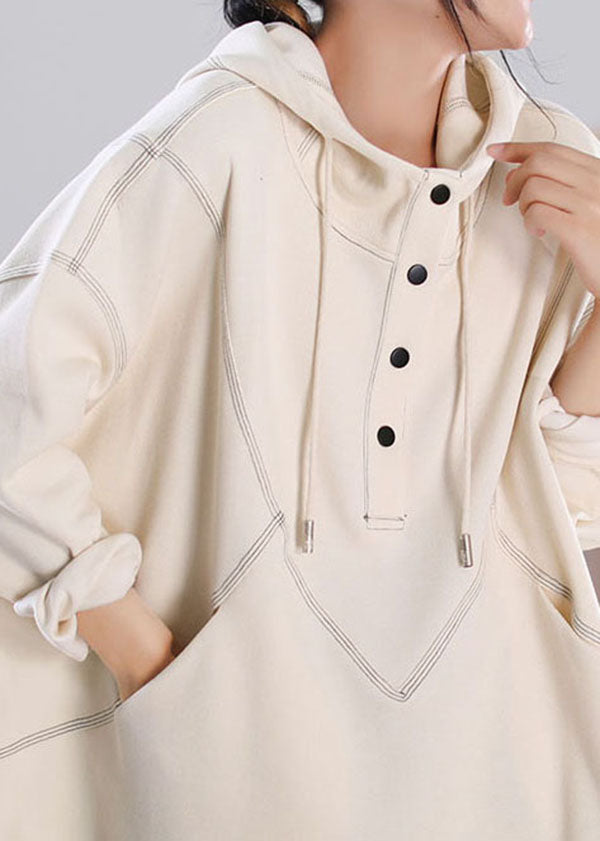 Plus Size Beige Drawstring Hooded Cotton Pullover Streetwear Long Sleeve