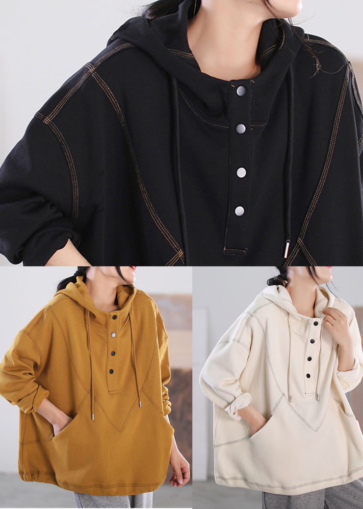 Plus Size Beige Drawstring Hooded Cotton Pullover Streetwear Long Sleeve