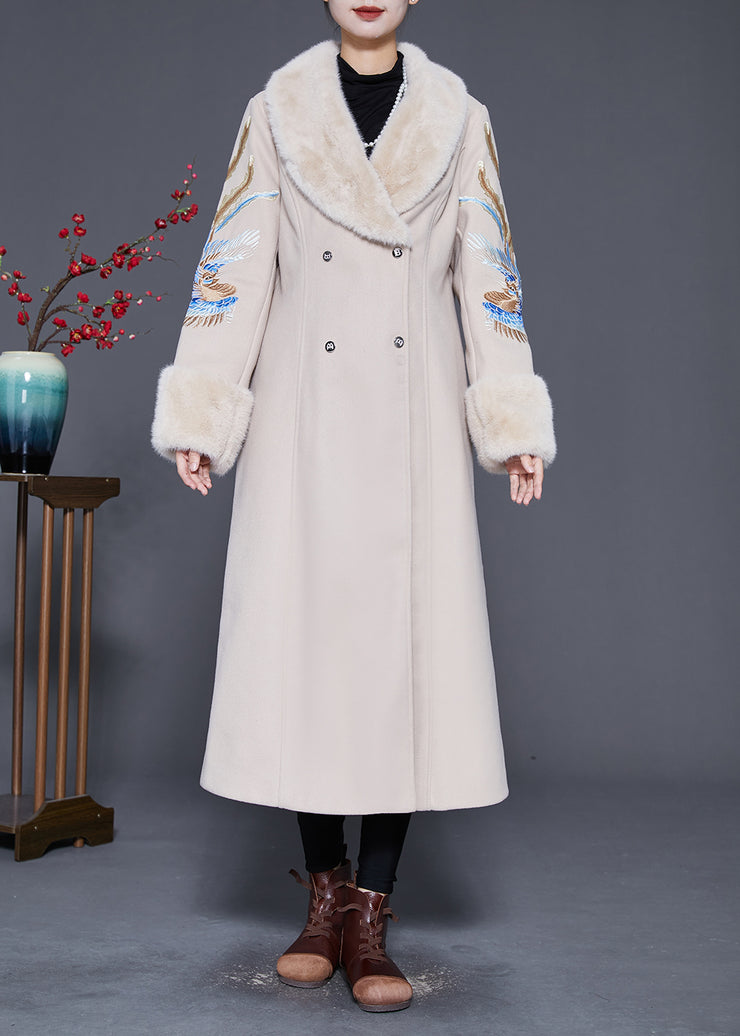 Plus Size Beige Fur Collar Embroidered Double Breast Woolen Trench Winter