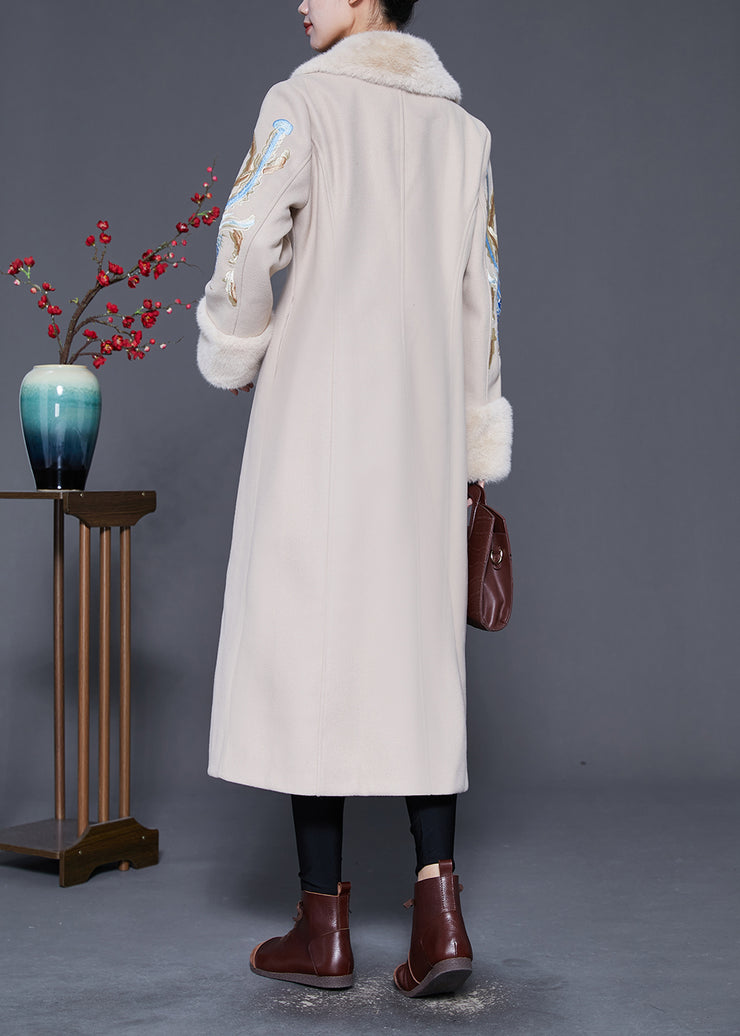 Plus Size Beige Fur Collar Embroidered Double Breast Woolen Trench Winter