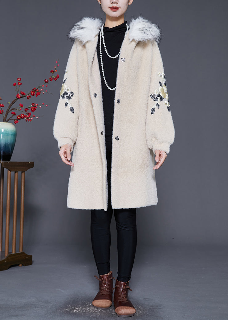 Plus Size Beige Fur Collar Embroidered Faux Fur Trench Winter