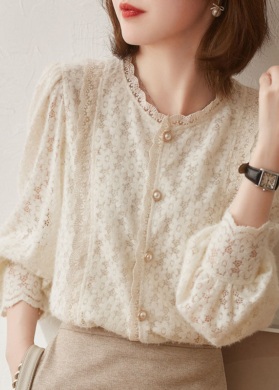 Plus Size Beige Hollow Out button lace Patchwork tops lantern sleeve