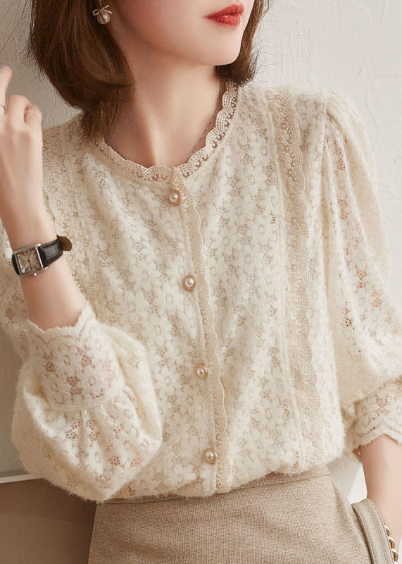 Plus Size Beige Hollow Out button lace Patchwork tops lantern sleeve