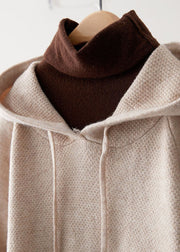 Plus Size Beige Hooded Drawstring Knit Sweatshirts Top Spring