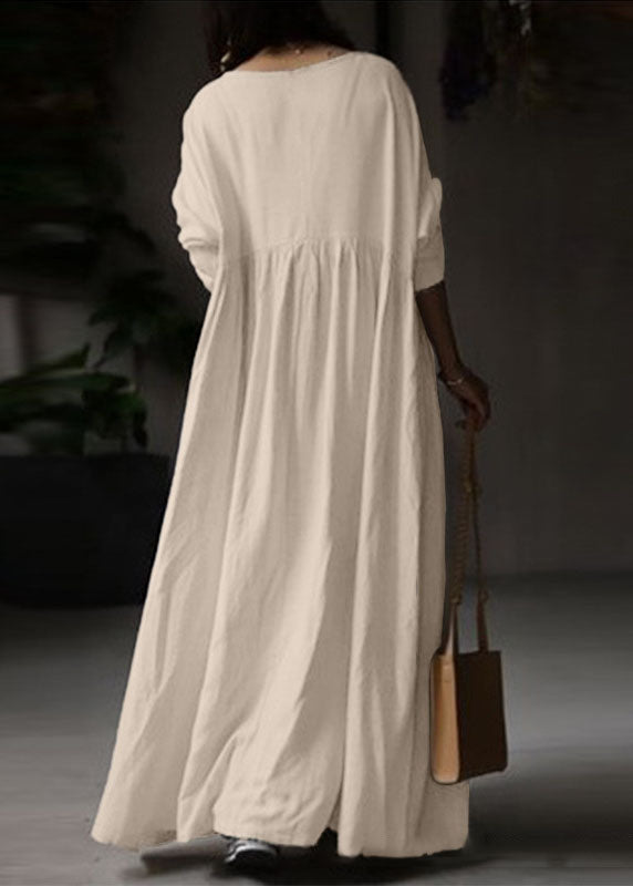 Plus Size Beige O Neck Wrinkled Patchwork Cotton Maxi Dress Spring