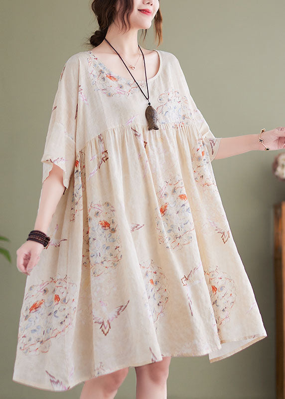 Plus Size Beige O-Neck Knitted Print Cotton Mid Dress Short Sleeve