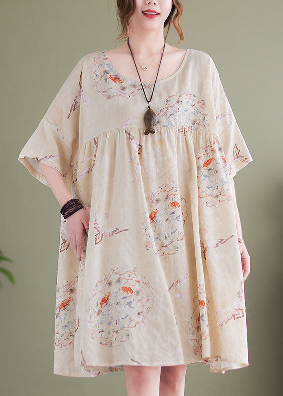 Plus Size Beige O-Neck Wrinkled Print Cotton Mid Dress Short Sleeve