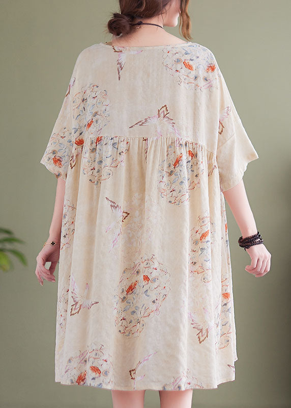 Plus Size Beige O-Neck Wrinkled Print Cotton Mid Dress Short Sleeve