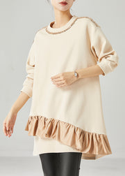 Plus Size Beige Oversized Patchwork Ruffles Cotton Mid Dress Fall