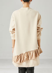 Plus Size Beige Oversized Patchwork Ruffles Cotton Mid Dress Fall