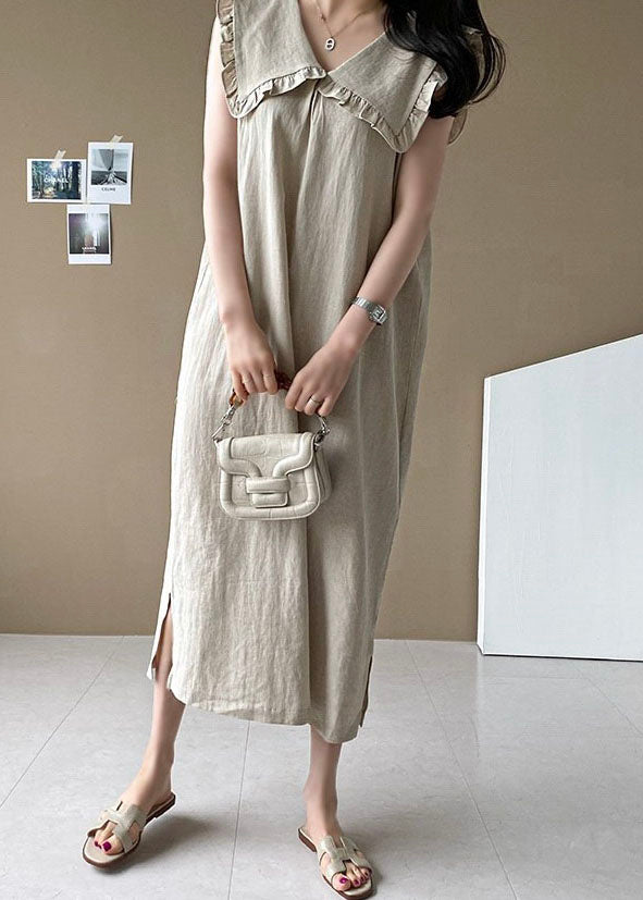 Plus Size Beige Oversized Ruffled Side Open Linen Maxi Dress Sleeveless