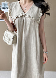 Plus Size Beige Oversized Ruffled Side Open Linen Maxi Dress Sleeveless