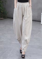 Plus Size Beige Pockets Elastic Waist Linen Pants Summer