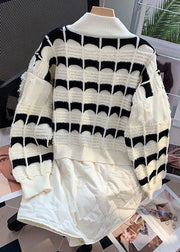 Plus Size Beige Striped Patchwork Knit Mid Tops Long Sleeve