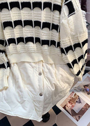 Plus Size Beige Striped Patchwork Knit Mid Tops Long Sleeve