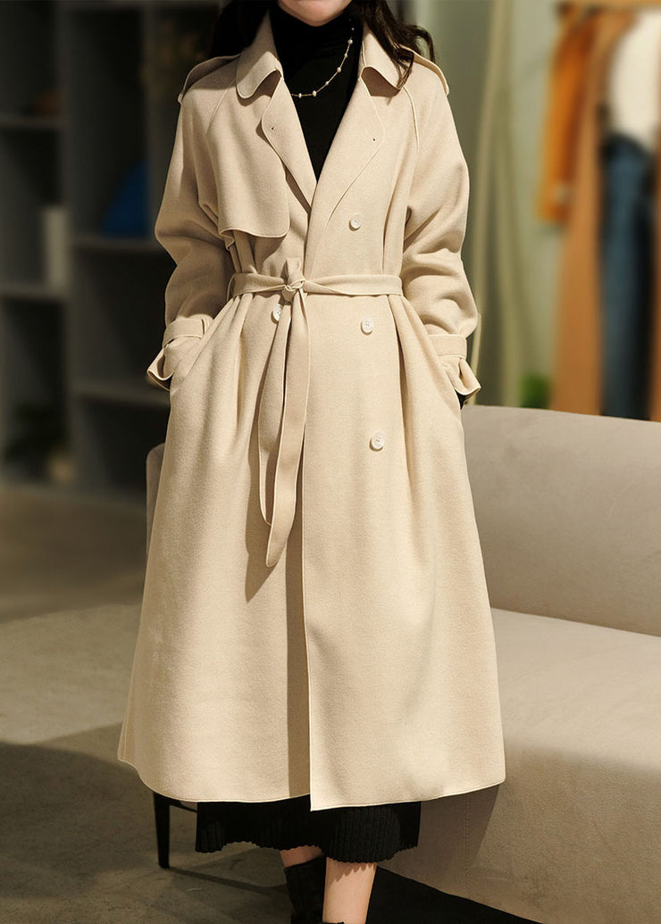 Plus Size Beige Turn-down Collar Button Sashes Woolen Coat Winter