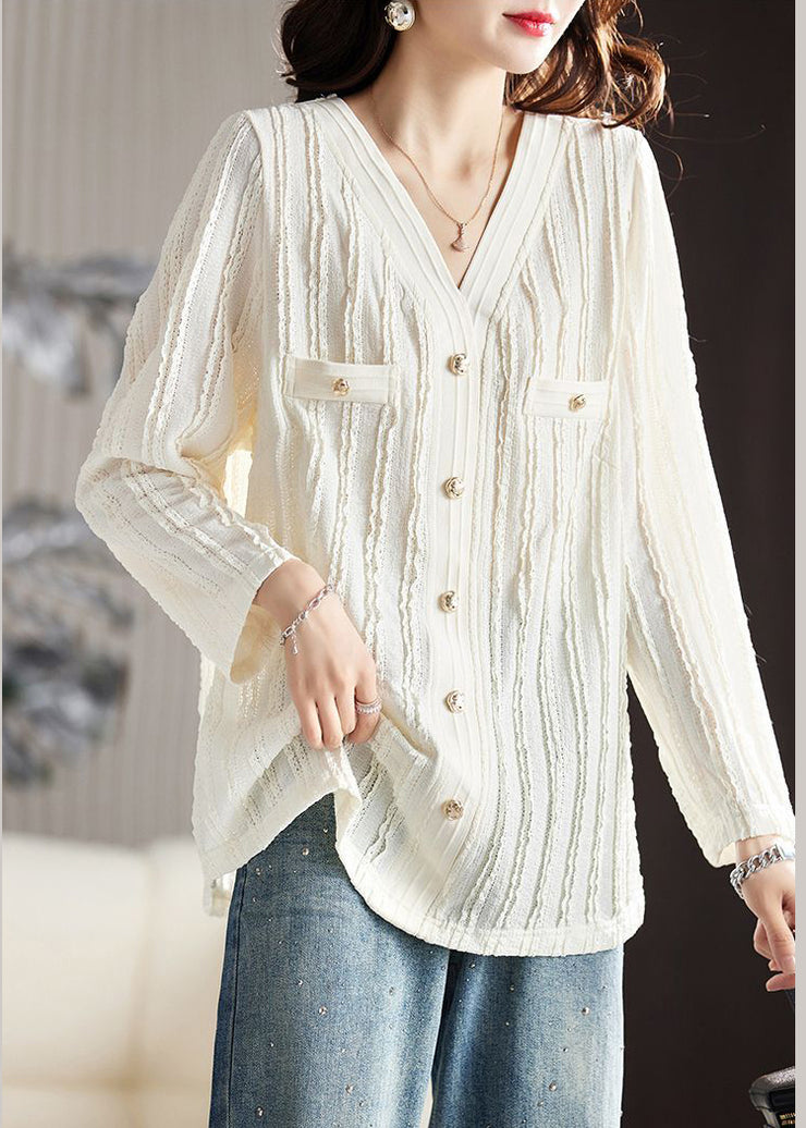 Plus Size Beige V Neck Wrinkled Pockets Cotton T Shirt Long Sleeve