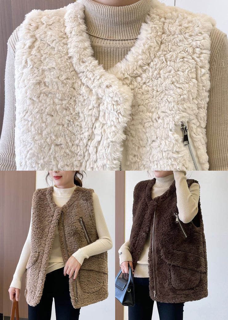 Plus Size Beige Zip Up Patchwork Faux Fur Teddy Vests Winter