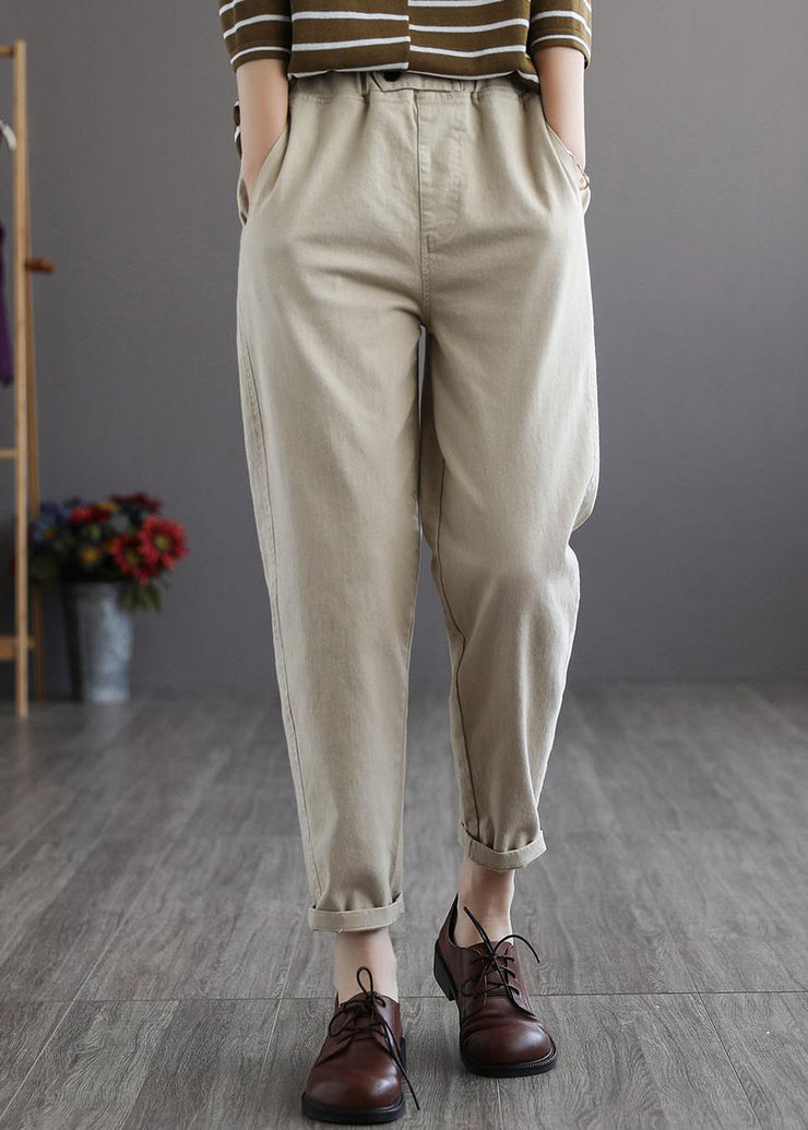 Plus Size Beige elastische Taille Taschen Cotton Pants Spring