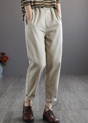 Plus Size Beige elastic waist Pockets Cotton Pants Spring