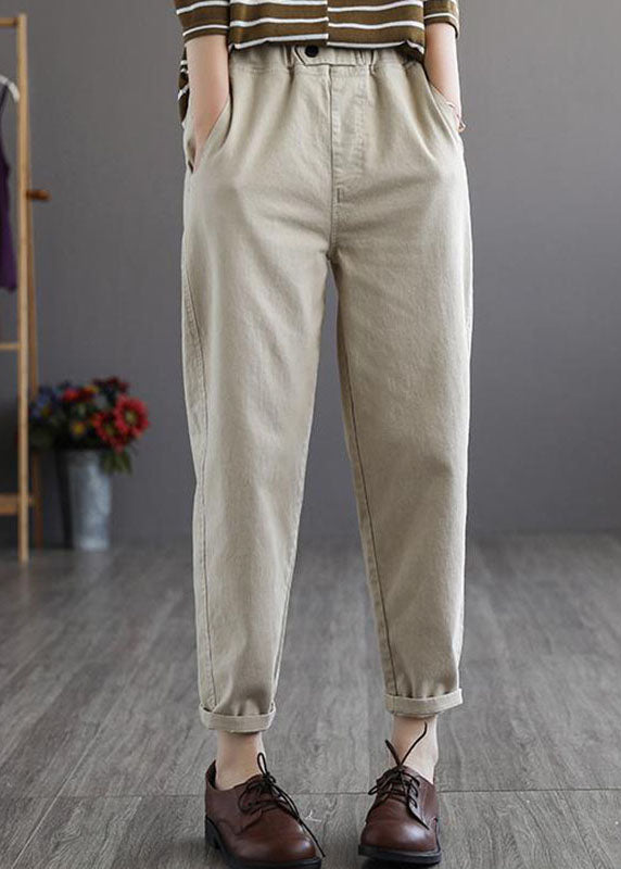 Plus Size Beige elastische Taille Taschen Cotton Pants Spring