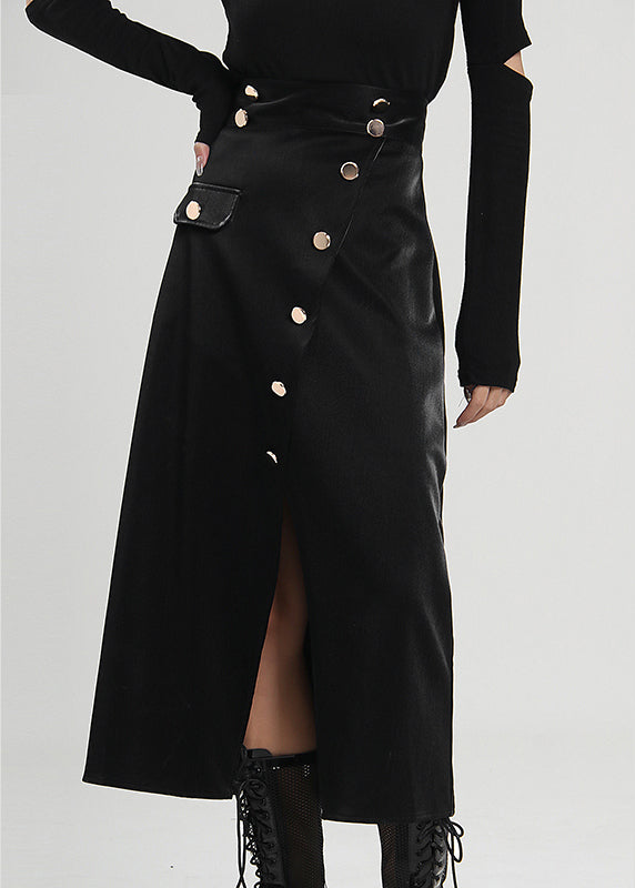 Plus Size Black Asymmetrical Button Corduroy Skirt Spring