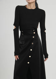 Plus Size Black Asymmetrical Button Corduroy Skirt Spring