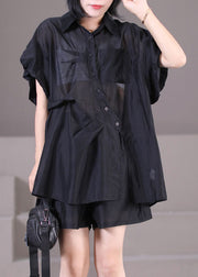 Plus Size Black Asymmetrical Design Button Silk Shirts And Shorts Two Piece Suit Set Summer