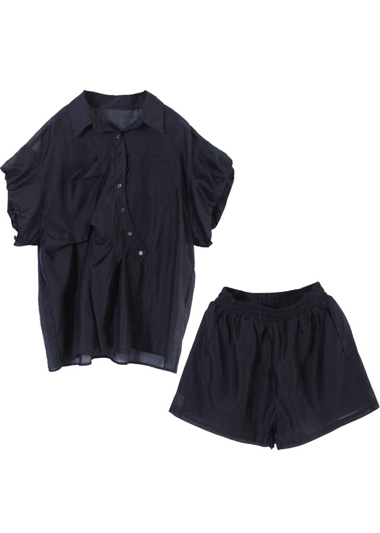 Plus Size Schwarzes asymmetrisches Design Knopf Seidenhemden und Shorts zweiteiliges Anzug-Set Sommer