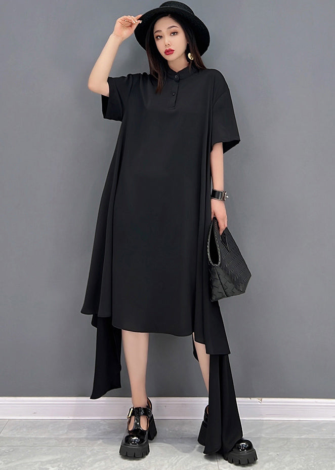 Plus Size Black Asymmetrical Design Chiffon Long Dresses Short Sleeve