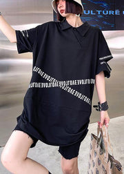 Plus Size Black Asymmetrical Design Graphic Cotton Summer Holiday Dress - SooLinen