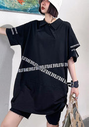 Plus Size Black Asymmetrical Design Graphic Cotton Summer Holiday Dress - SooLinen