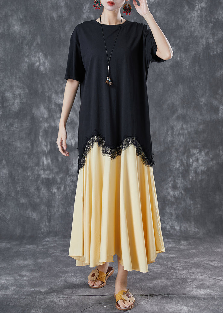 Plus Size Black Asymmetrical Patchwork Cotton Fake Two Piece Dresses Summer