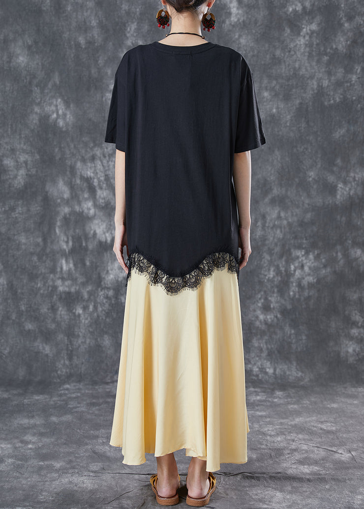 Plus Size Black Asymmetrical Patchwork Cotton Fake Two Piece Dresses Summer