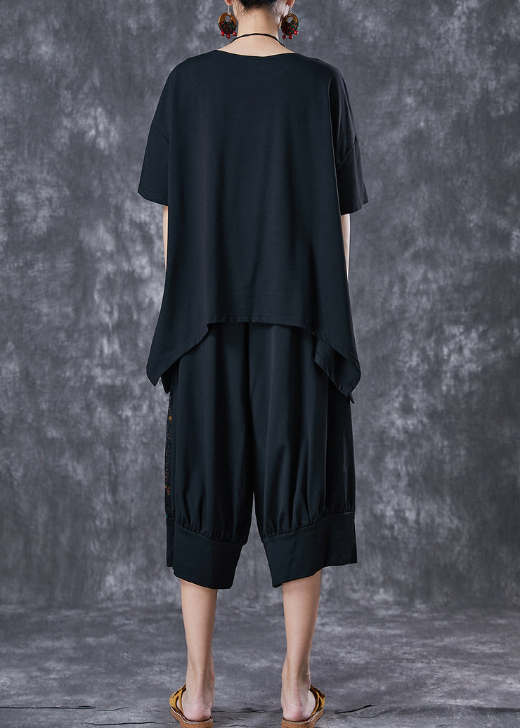 Plus Size Black Asymmetrical Patchwork Cotton Two Piece Set Outfits Summer