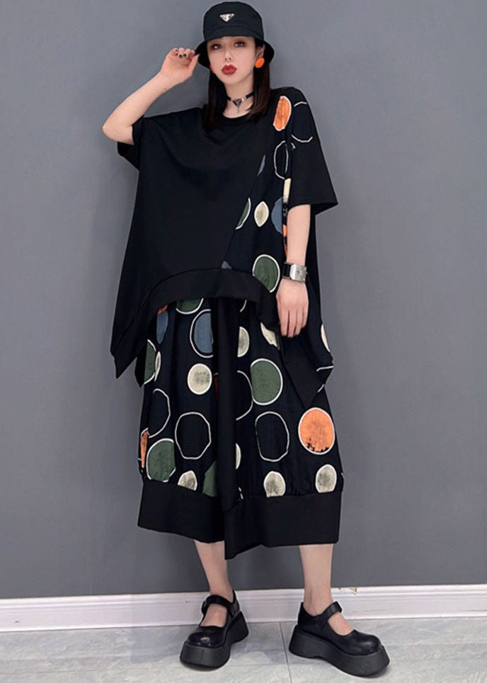 Plus Size Black Asymmetrical Patchwork Dot Print Cotton Women Sets 2 Pieces Summer