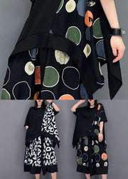 Plus Size Schwarz Asymmetrisch Patchwork Punktdruck Baumwolle Damen Sets 2 Stück Sommer