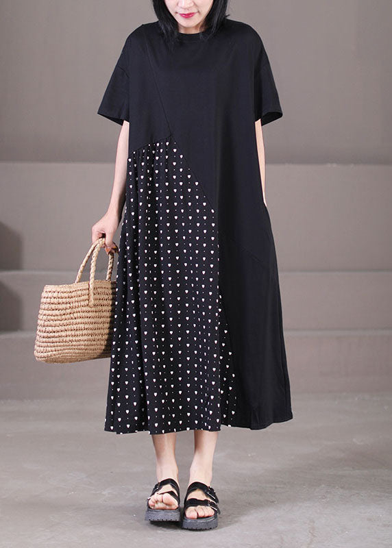 Plus Size Black Asymmetrical Patchwork Wrinkled Print Cotton Maxi Dress Short Sleeve